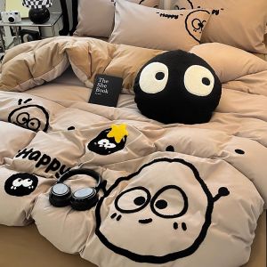 Cartoon Washed Cotton Bedding Set 4-Piece Childrens Bedding Sheet Cover Duvet Cover Bed Canopy Spring Summer Fresh Style