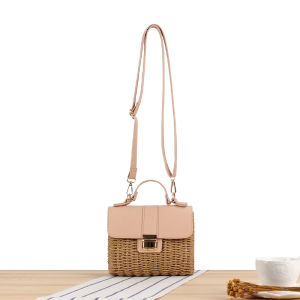 Fashionable Color Block Paper Rope Woven Bag Artistic Style Beach Ladies Handbag Soft PU Material Double Shoulder Strap