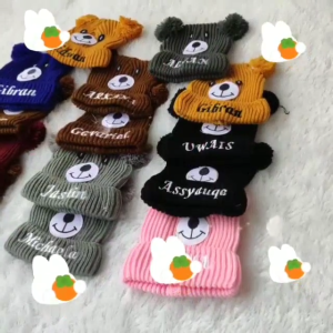 Topi Kupluk Bayi Anak Rajut Pompom Beruang Lucu Usia 1 Bulan - 3 Tahun Bisa Bordir Nama