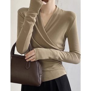 Womens Long Sleeve T-Shirt V-Neck Waist-Cut Cross French Style Base Shirt Inner Wear Autumn Winter New Arrival Fashion Design