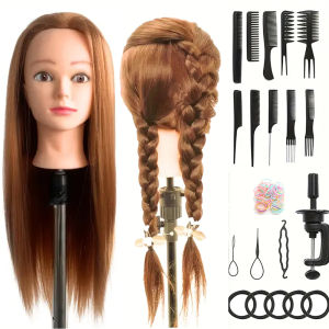 Synthetic Fiber Hairdresser Practice Styling Training Head Human Model Doll Head with Free Rubber Band and Hairdressing Tools