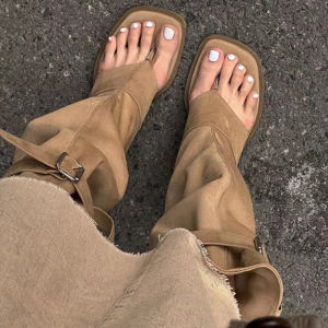 Yi Ka Man Ni Linli Single Unit Clip Toe Slippers Pure Color K-Style Roman Style Low Heel Rubber Sole Pigskin Lining Cool Boots for Youth