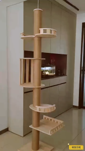 4 Tier Cat condo ceiling scratcher house pinewood cat tree ceiling pole