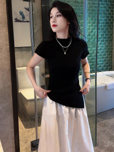 Shalldoer | Summer Fashionable Drawstring Short Sleeve Womens Set Casual High Waist Mini Skirt Two-Piece Ensemble Round Neck Top Bottom