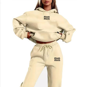 MM Printed Womens Two Piece Tracksuit Set Fashion Jogging Sweatshirt Suit with Drawstring Sports Hood Quality Fitness Outfi