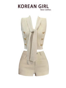 French Style V-Neck Knot Knitted Vest Women Summer Short Sleeve Top High Waist Shorts Set Fashionable Casual Wear for Young Ladies