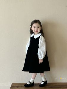 Elegant Velvet Dress for Girls Black Vest Polo Skirt Childrens Clothing Autumn Season Princess Style Soft Fabric Medium Thick
