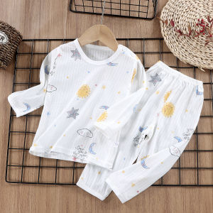 Childrens Pure Cotton Summer Home Clothes Long Sleeve Thin Air Conditioning Suit Two-Piece Set Baby Sleepwear Cotton Sweatpants