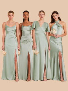 ชุดเจ้าสาวผ้าซาตินสีเขียว ชุดราตรี เดรสยาว กระโปรงทรงเอ แขนกุด ทรงเข้ารูป ปกโปโล ชุดเจ้าสาวสำหรับวัยรุ่น