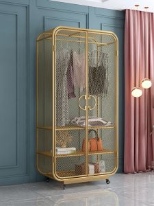 Northern European Modern Simple and Environmentally Friendly Accessible Luxury Metal Moving Wheels Beauty Salon Coat and Cap Wardrobe Iron Bedroom Wardrobe