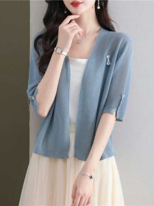 Summer Ice Silk Half Sleeve V-Neck Knitted Shawl Womens Lightweight Cardigan Short Length Outerwear for Dresses Sun Protection