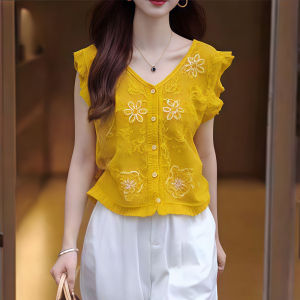 Shalldoer | เสื้อเชิ้ตแขนกุดคอวีสีเหลืองสไตล์เกาหลีสำหรับผู้หญิงในช่วงฤดูร้อน เสื้อเชิ้ตแขนกุดทรงเข้ารูปแบบน่ารักและลดอายุ