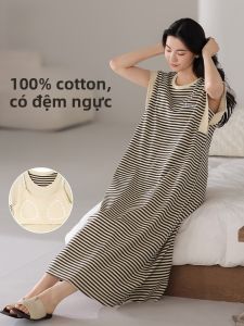 MiiOW | Pure Cotton Nightgown Womens Style Summer New Sleeveless Home Clothes Sleepwear With Chest Pad Can Wear Outside Round Neck