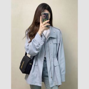 QFN | Attractive Stand Collar Adjustable Waist Blue Jacket