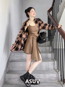 Early Autumn Korean Style High Waist Belted Shirt Dress Two Piece Set Holiday Wear Gentlewomans Checkered POLO Neckline
