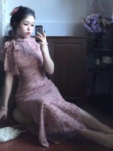 CHANGTONG | French Unique Beautiful Floral Print Dress Butterfly Knot Slim Fit Long Skirt Summer Season Short Sleeve Womens Fashion Dress