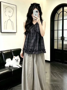 ZHENMANZI | V-Neck Wooden Ear Trim Sleeveless Vest & Loose Pants Set