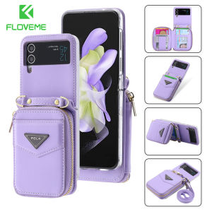 FLOVEME Crossbody Lanyard Leather Phone Case For Samsung Galaxy Z Flip 5 Flip 4 Flip 3 5G Zipper Wallet Cards Slot Handheld Wristlet Purse Bag Shockproof Back Cover For Galaxy Z Flip 5 Flip 4 Flip 3