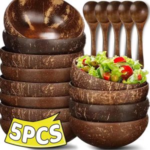 New Coconut Bowls and Wooden Spoon Sets Reusable Natural Coconut Shell Bowls for Dessert Yogurt Fruit Salad Kitchen Tableware