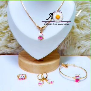 Bundara Acc-1546 4in1 Set perhiasan Titanium anak (Kalung gelang cincin anting) hellokitty Aksesoris titanium anak