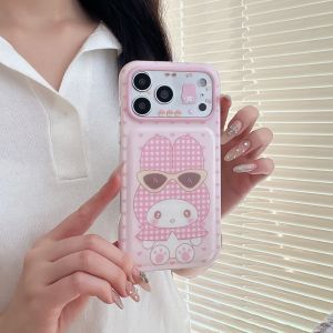 Sanrio | Cute Pink 3D Sunglasses Grid Hello Kitty Sanrio Cartoon Shockproof Phone Case For iphone 17 16 15 Pro Max Lens Protective Cover