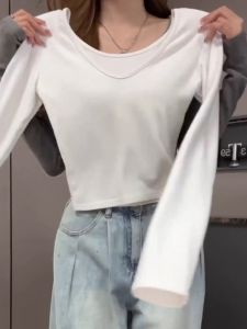 White V-Neck Slim Fit Long Sleeve Cotton T-Shirt Spring Autumn Base Layer Sweet Spicy Girl Clavicle Top Inner Wear Commute Style Pure Color