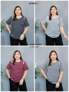 BP เสื้อยืดผ้าริ้ว แขนสั้น  คอกลมปักหมุด ตัวอักษร   อกหน้าผ้า 44" อก 44-50”ยาว25” ไซส์ใหญ่สาวPLUSSIZE โดยเฉพาะ