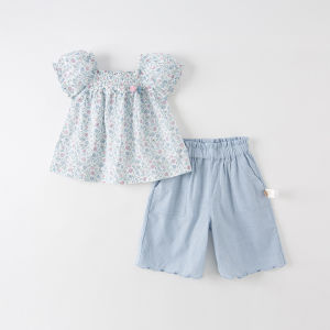 Pure Cotton Summer Outfit for Girls Short Sleeve Top And Seven Inch Pants Two Piece Set Comfortable Breathable Casual Wear