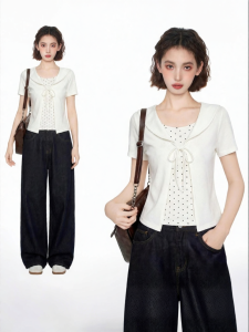 BAIDAIFEI | Polka Dot Pseudo-layered Round Collar Sleeve T-shirt Slim Fit Summer