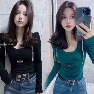 Super Plus Size 1.00 Kg-150.00 kg Plus Size Ladies Trendy Small Labeling Western Style Double Chain U-Collar Long Sleeves Pure Color Bottoming Shirt Womens Fashion