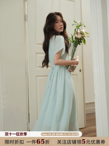 JOCO Chic Green Korean Style Slim Fit Pleated Waist Cinching Dress Women Summer Loose Slimming A-Line Short Sleeve Long Dress