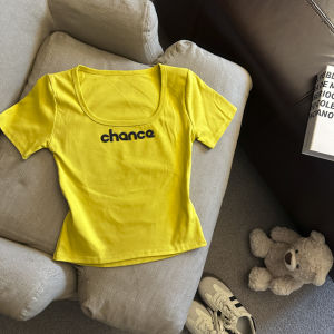 GUZILIAN | Sweet Cool Spicy Girl Letter Print U-Neck Short Sleeve T-Shirt Womens Summer Waist-Cinching Design Back Hollow Out Versatile Top