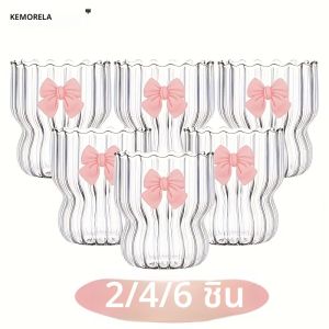 2/4/6pcs Bow VINTAGE Ripple แก้ว 350ml ตกแต่งถ้วยกาแฟเย็นสําหรับน้ําผลไม้เบียร์เครื่องดื่มน้ําขนมหวานถ้วยกาแฟกับโบว์