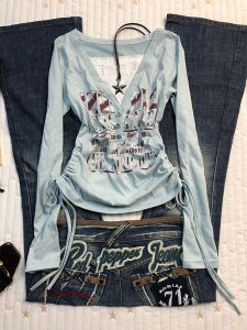 Vintage Print Two-layer Effect Rope-draw T-Shirt