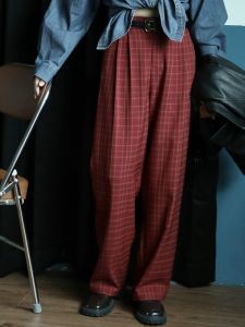 Red Plaid High Waist Slimming Straight Leg Casual Wide Leg Pants Retro Fashion Long Trousers for Women Commute Style with Pockets