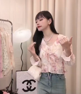 Korean Style Womens Floral Chiffon Shirt Blouse Loose Fit Ruffle Detail Breathable Casual Top Lightweight