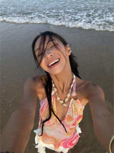 Beach Vacation Style Wavy Uneven Vest Strap Mesh Neck Hanging Top Womens Summer Fashion A-Line Dress Wave Pattern V-Neck Sleeveless