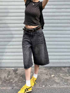 plus Size American Retro Washed Black Denim Seven-Foot Pants Women Summer Loose Casual Straight Leg Wide Leg Shorts