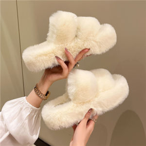 Black Furry Slippers Womens Outdoor High Heel Thick Bottom Winter Cotton Slippers Korean Style Pure Color Daily Wear