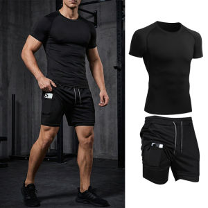 Mens 2 Piece Set Gym Athletic Workout Running Outfits Short Sleeve Compression Shirt Tshirt 2 in 1 Gym Shorts with Phone Pocket