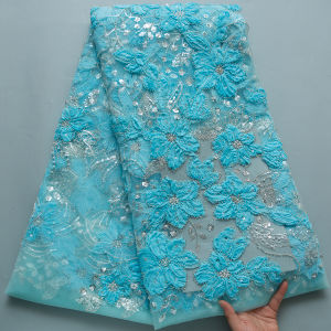 Vải Ren Lưới Màu Ngọc Lam Châu Phi Cao Cấp Với Hoa 3D Trang Trí Ngọc Trai Và Họa Tiết Dây Leo Đính Sequin 100% Polyester Thêu