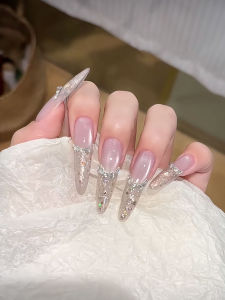 FUYU-NAIL นails ใหม่ White Moonlight Luxury Soft Cat Eye Flash Diamond Sparkle High-End Atmosphere French Manicure Handmade Wearable Nails