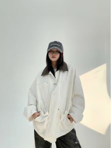 Retro Barn Style Patchwork White Workwear Jacket Women Loose Fit American Heavy Distressed Spring Fashion Streetwear Coat