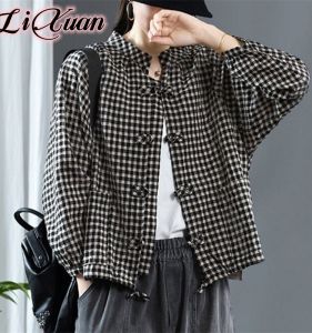 Loose Fit Plaid Cotton Linen Shirt Womens Long Sleeve Autumn Spring New Style Large Size Lantern Sleeve Coat Trendy Button up