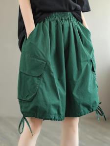 Retro Cotton Blend Drawstring Shorts Womens Lightweight Casual Loose plus Size Five-Quarter Length Slimming Wide Leg Pants