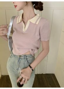 French Color-blocked Polo-collar T-shirt