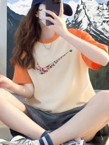 Outlet American Style Trendy New Color Block Simple Loose Half Sleeve Top Casual Cotton Sweatshirt for Men And Women