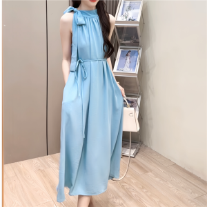 French Style Summer Elegant Neck Hanging Dress Shoulder Exposure Belt Loose Slimming Holiday Wind Sleeveless Draping Temperament Skirt