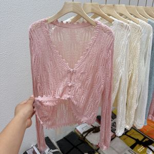 เสื้อคาร์ดิแกนถักไหมน้ำแข็งแบบเปิดสำหรับผู้หญิง ฤดูร้อน ผ้าคลุมไหล่ สายเดี่ยว ลมพัดผ่าน แขนยาว ปกติ คอวี ปกติ