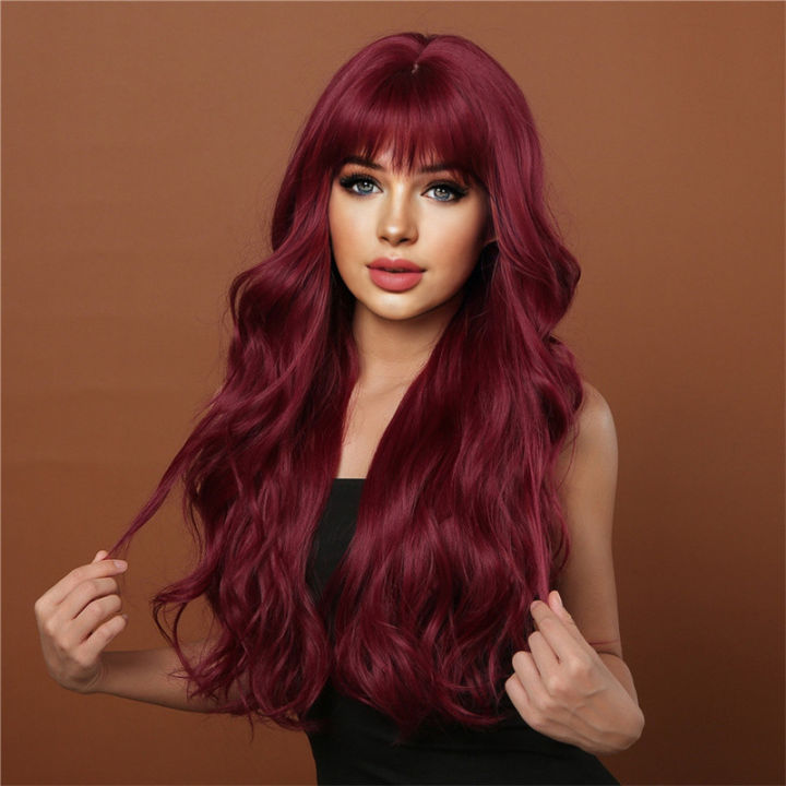 Wig woman air bangs long hair big waves dyed synthetic fiber high ...